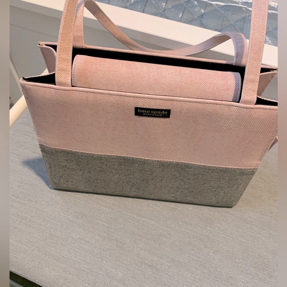 KATE SPADE PINK GREY HANDBAG MEDIUM SATCHEL PURSE FABRIC, CLASSIC STYLE